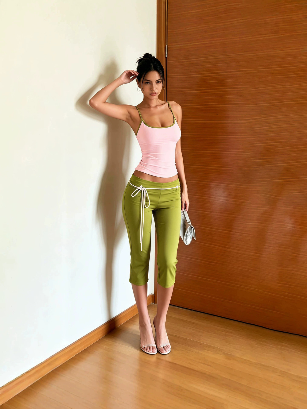 ZARA Summer Fashion Slim Contrast Strappy High Waist Tight Capri Pants Set